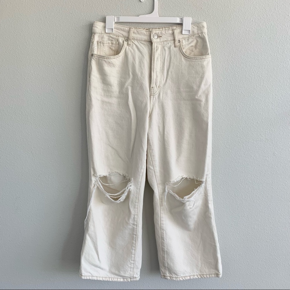 Free People High waisted Wide Leg Cropped Off White Jeans Distressed Button Fly